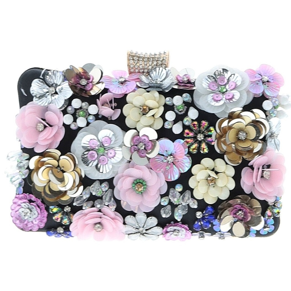 Floral Embellished Clutch - Black, Pink, Gold